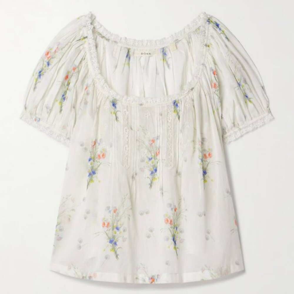 DÔEN Frederica lace-trimmed floral-print organic cotton-voile top Small